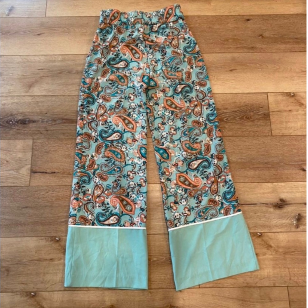 - New York & Company wide leg pants high waist paisley print turquoise b…